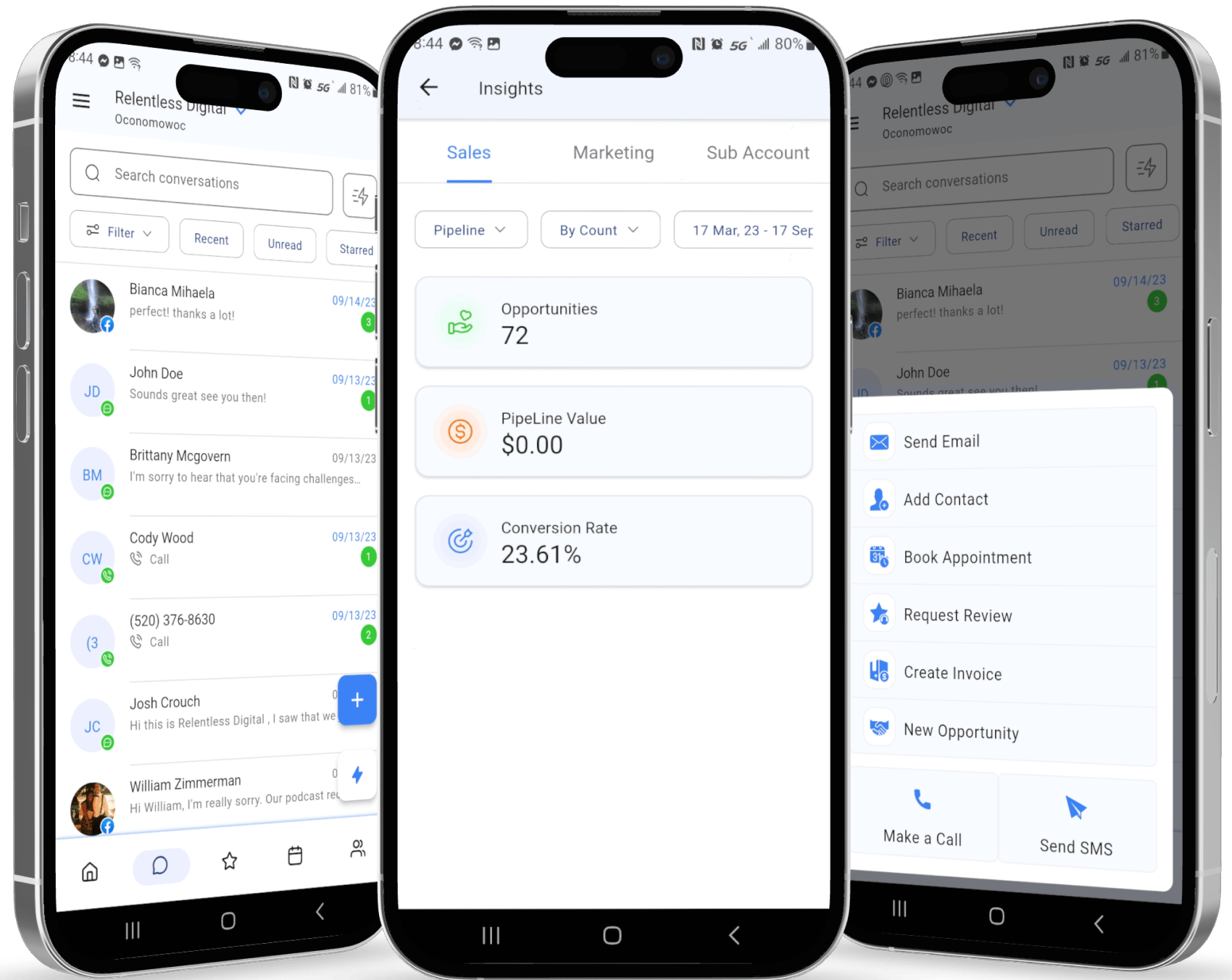 Bullseye Pro mobile app on three phones — conversations, calls, and notifications