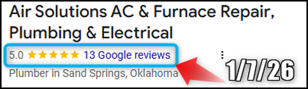 Air Solutions' real Google listing on January 7, 2026: 5.0 stars, 13 Google reviews