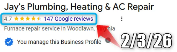 Jay's Plumbing, Heating and AC Repair's real Google listing on February 3, 2026: 147 Google reviews