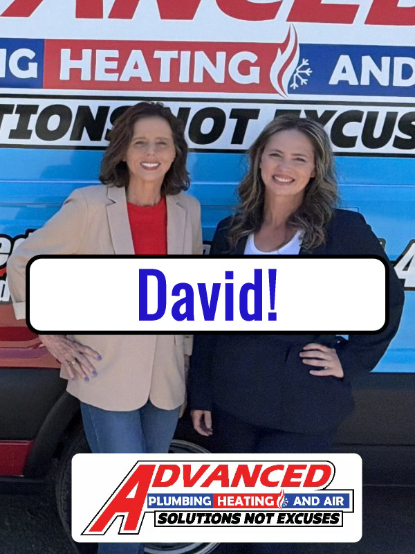 Advanced Plumbing's real campaign photo, the owners in front of their wrapped van, sent with each customer's name